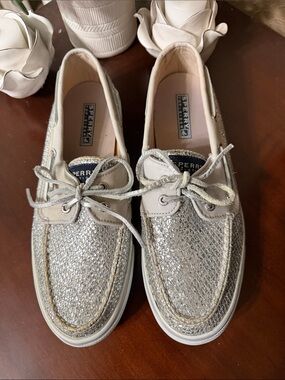 Sperry Topsiders Size 8.5M Metallic Silver Glitter Boat Shoes